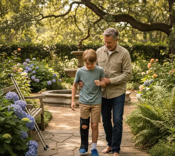 child wearing an ankle support splint