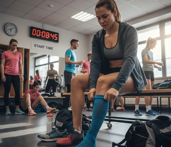Athlete wearing compression socks before sports competitions 